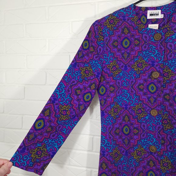 Vintage Leslie Fay Purple Blue Stain Glass Kaleidoscope Print Dress Pleat Skirt - Picture 2 of 7